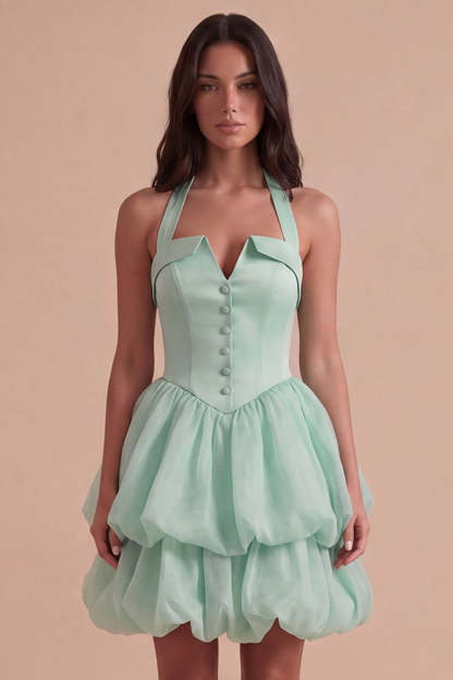 Leely Women Pink Ruffled Bubble Short Homecoming Dress with Button Tiered A Line Halter Neck Cocktail Dress