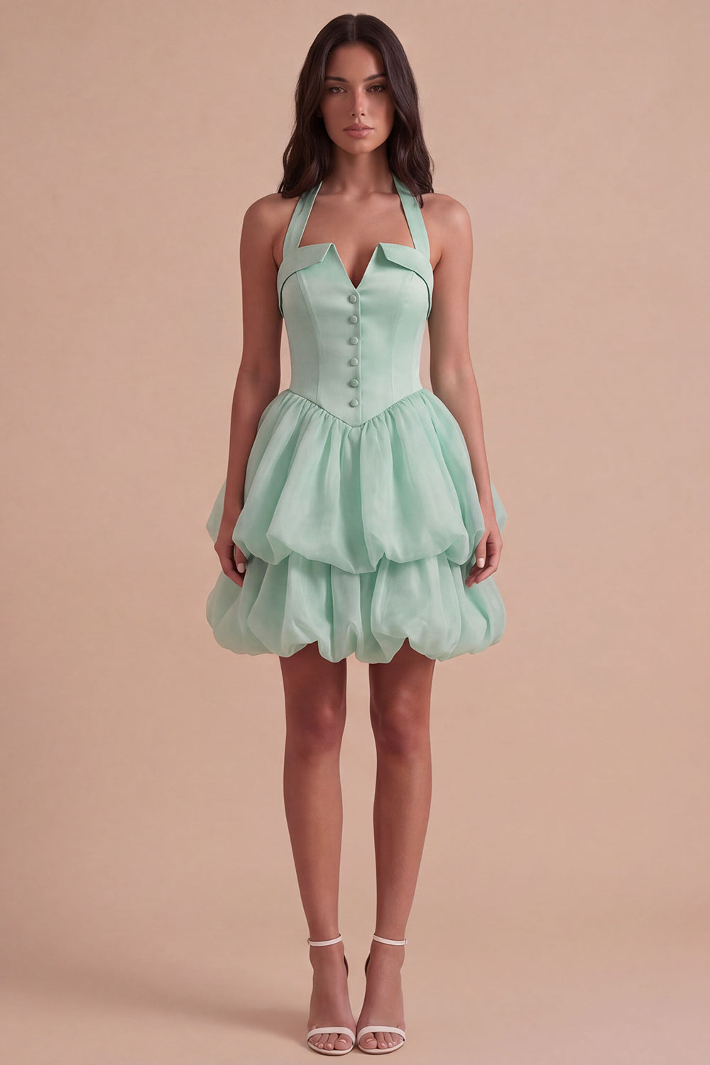 Pink Halter Neck Ruffled Bubble Short Homecoming Dress with Button