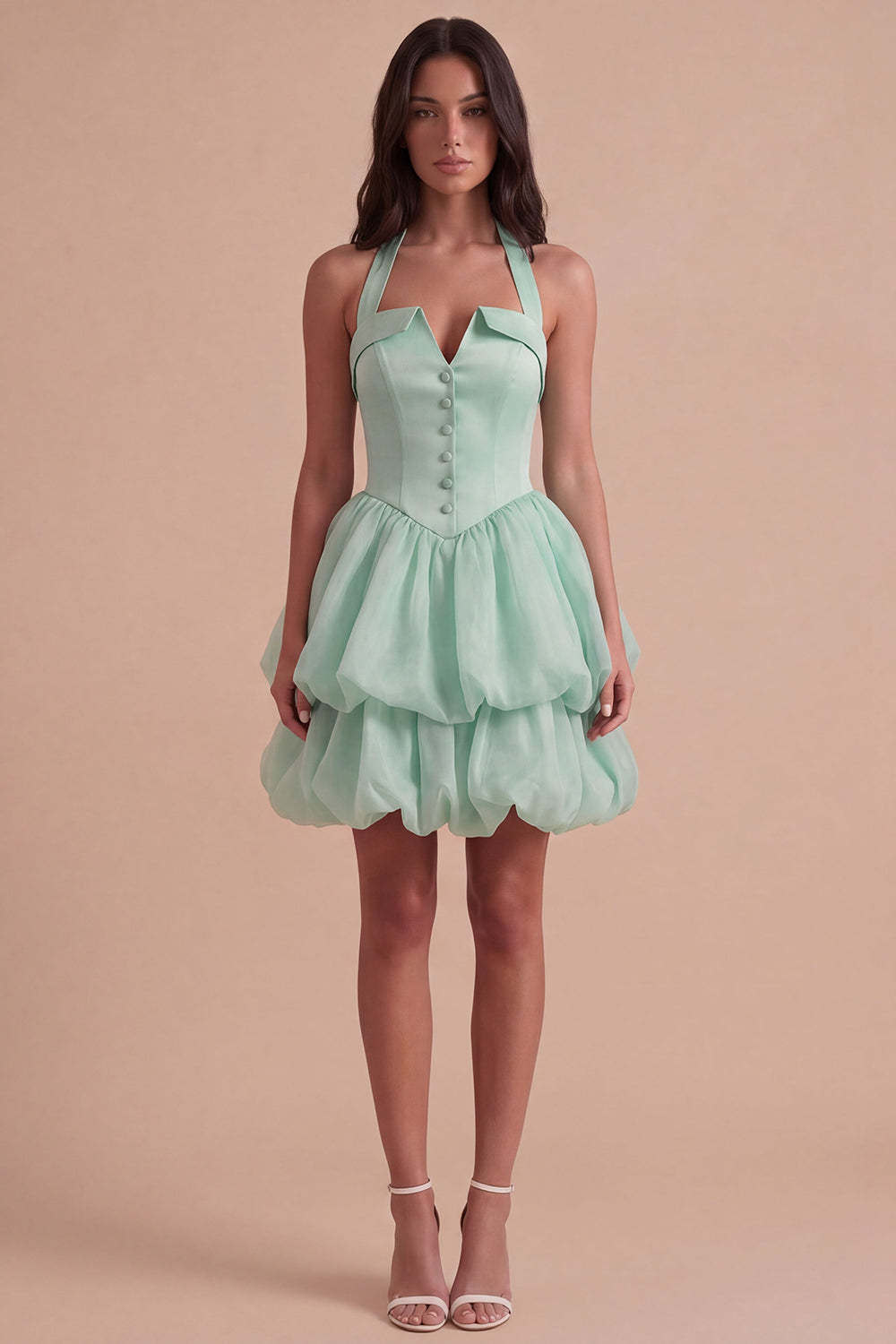 Pink Halter Neck Ruffled Bubble Short Homecoming Dress with Button