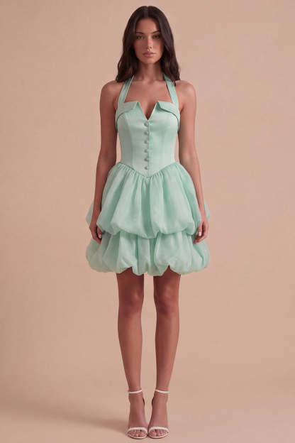 Pink Halter Neck Ruffled Bubble Short Homecoming Dress with Button