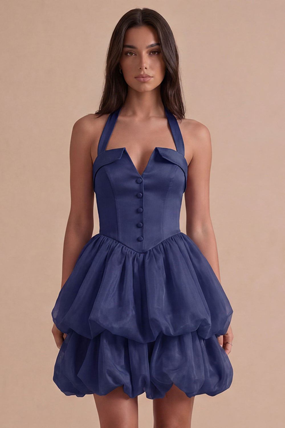 Pink Halter Neck Ruffled Bubble Short Homecoming Dress with Button