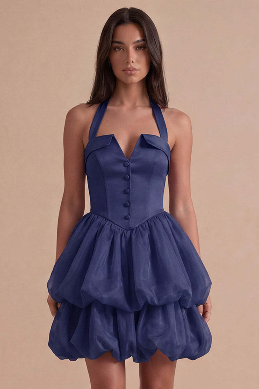 Pink Halter Neck Ruffled Bubble Short Homecoming Dress with Button