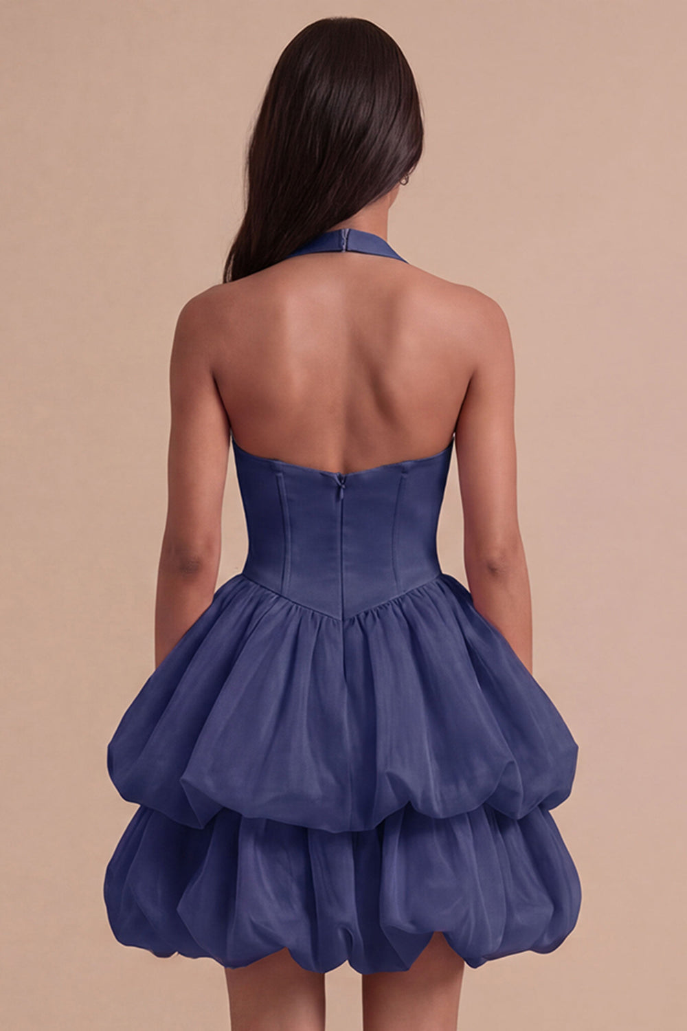 Pink Halter Neck Ruffled Bubble Short Homecoming Dress with Button