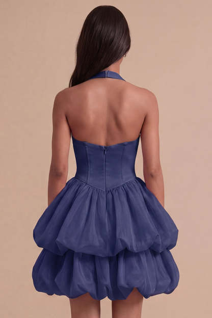 Pink Halter Neck Ruffled Bubble Short Homecoming Dress with Button