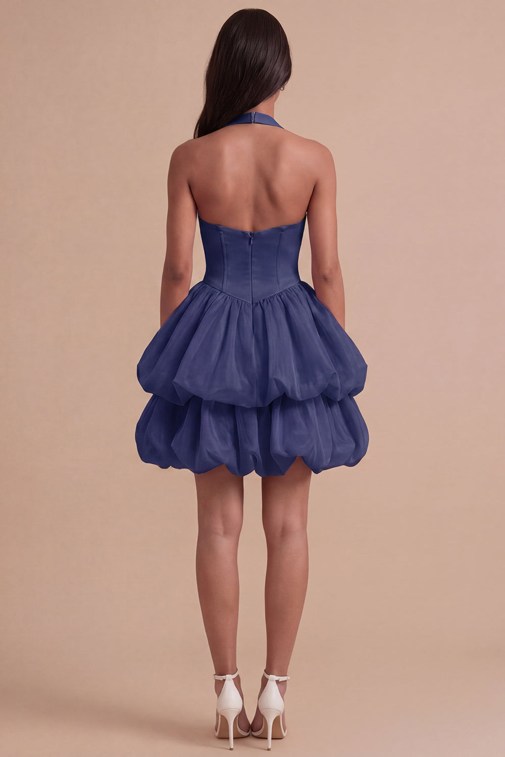 Pink Halter Neck Ruffled Bubble Short Homecoming Dress with Button