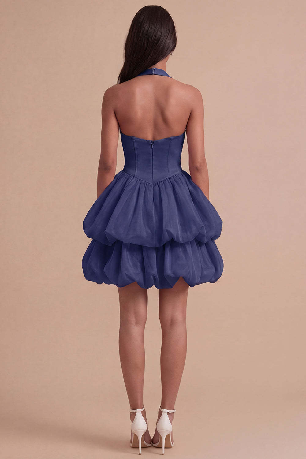 Pink Halter Neck Ruffled Bubble Short Homecoming Dress with Button