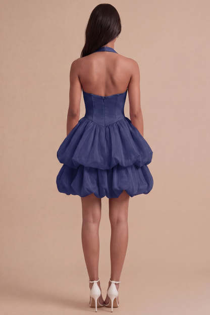 Pink Halter Neck Ruffled Bubble Short Homecoming Dress with Button