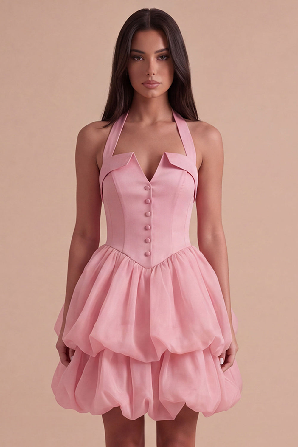 Pink Halter Neck Ruffled Bubble Short Homecoming Dress with Button