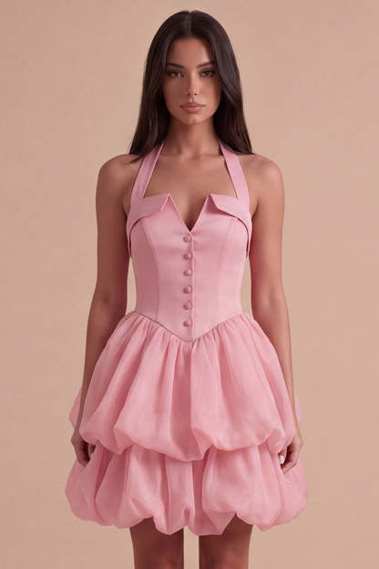 Pink Halter Neck Ruffled Bubble Short Homecoming Dress with Button