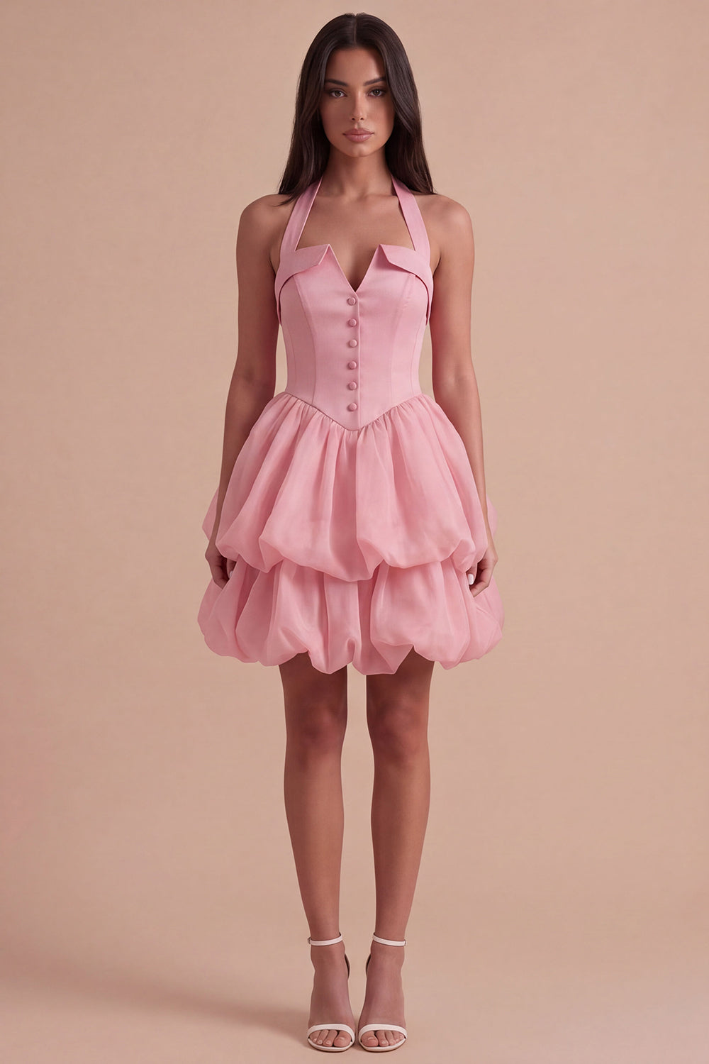 Pink Halter Neck Ruffled Bubble Short Homecoming Dress with Button
