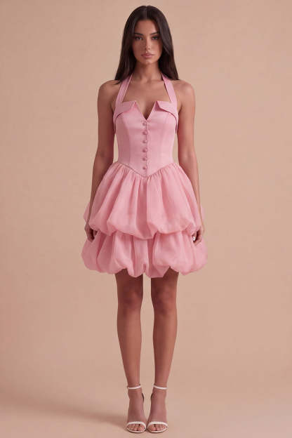 Pink Halter Neck Ruffled Bubble Short Homecoming Dress with Button