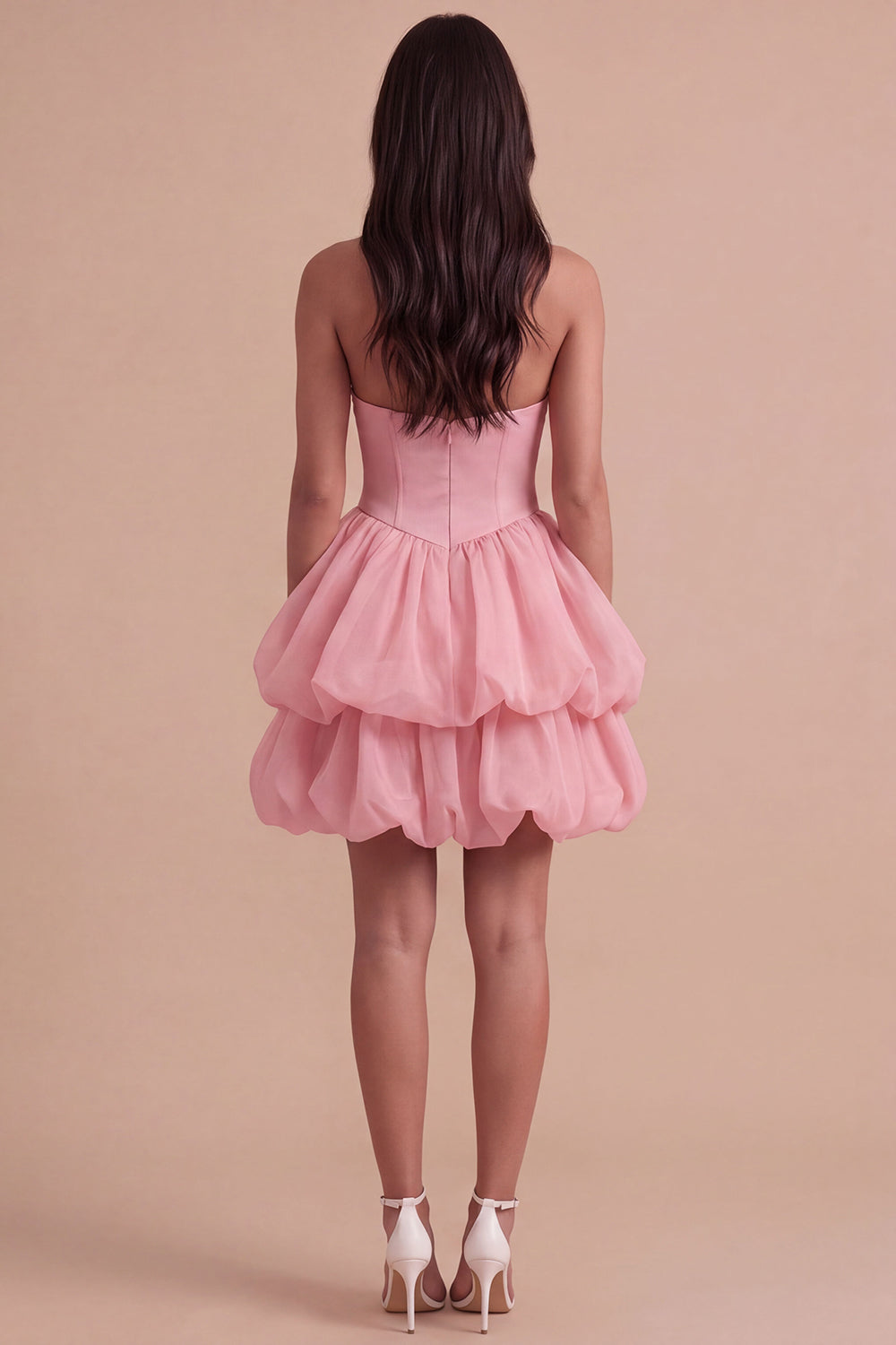 Pink Halter Neck Ruffled Bubble Short Homecoming Dress with Button
