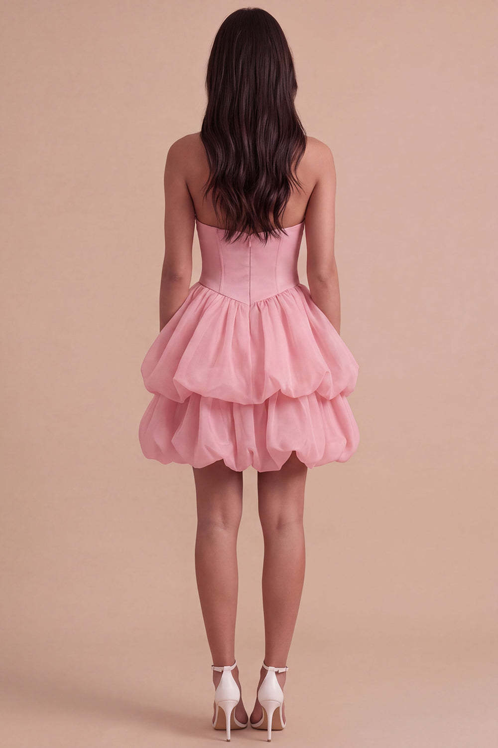 Pink Halter Neck Ruffled Bubble Short Homecoming Dress with Button