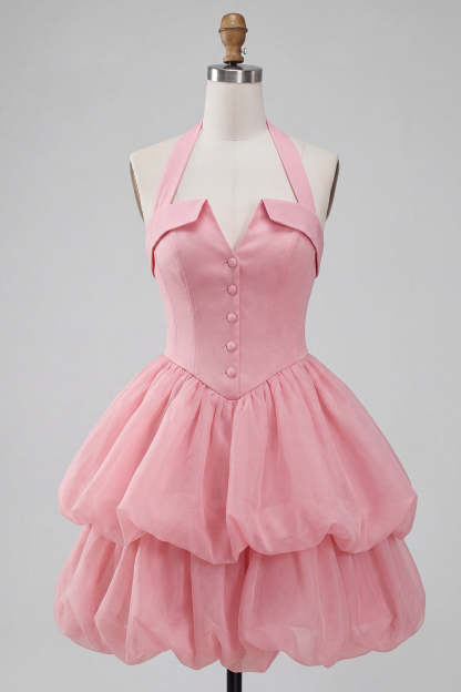 Pink Halter Neck Ruffled Bubble Short Homecoming Dress with Button