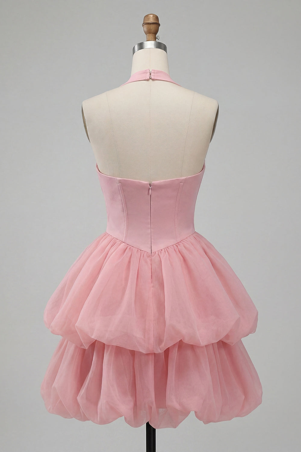 Pink Halter Neck Ruffled Bubble Short Homecoming Dress with Button