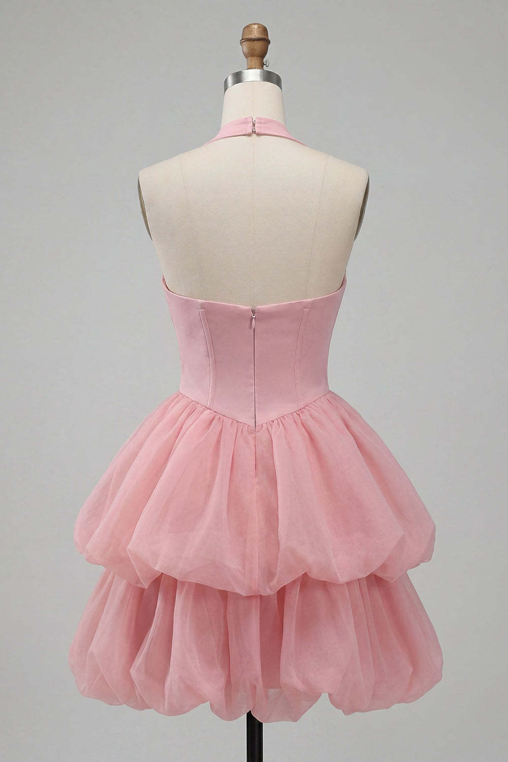 Pink Halter Neck Ruffled Bubble Short Homecoming Dress with Button