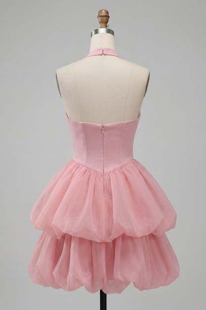 Pink Halter Neck Ruffled Bubble Short Homecoming Dress with Button