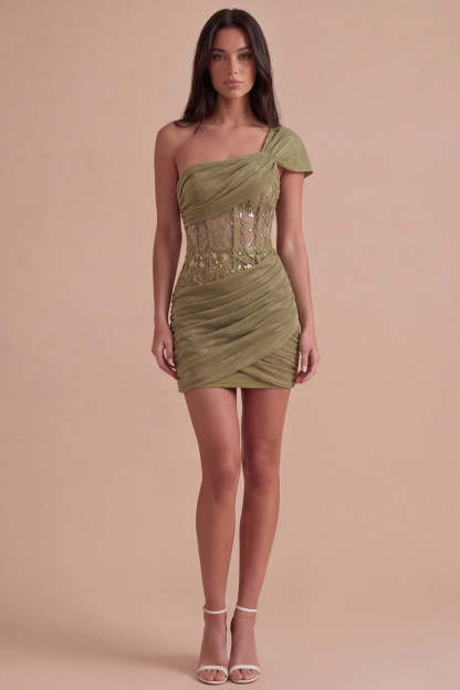 Olive Corset One Shoulder Ruched Short Homecoming Dress