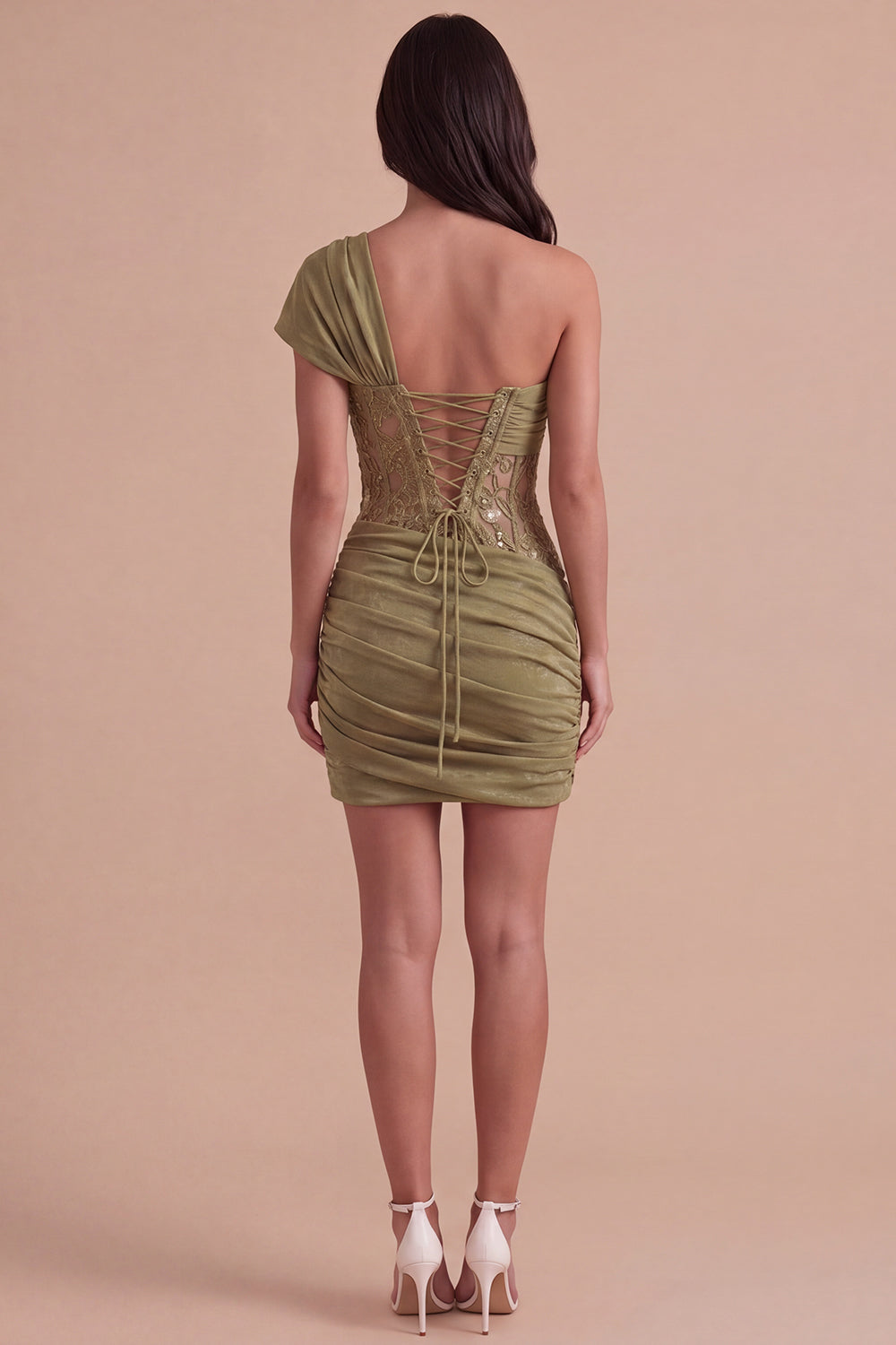 Olive Corset One Shoulder Ruched Short Homecoming Dress