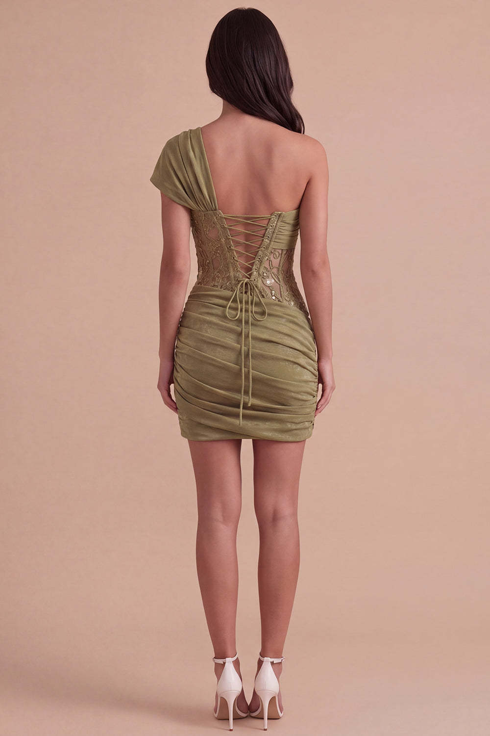 Olive Corset One Shoulder Ruched Short Homecoming Dress