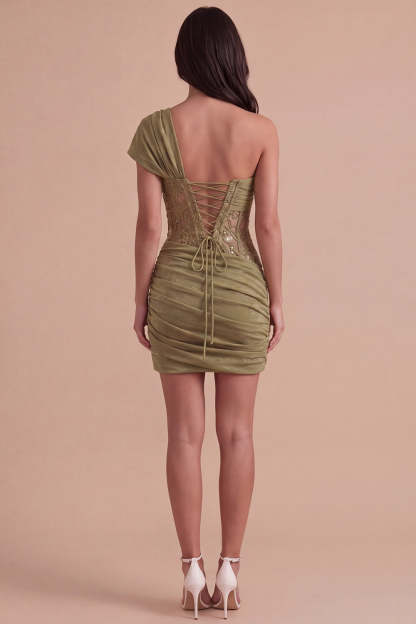 Olive Corset One Shoulder Ruched Short Homecoming Dress