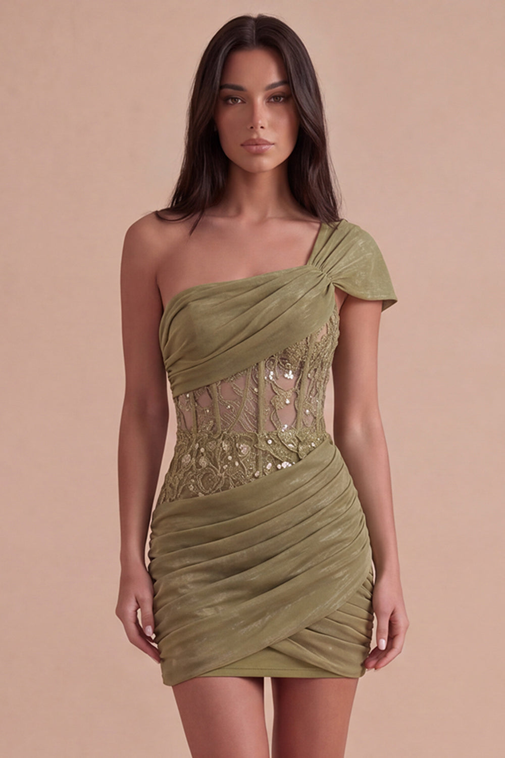 Olive Corset One Shoulder Ruched Short Homecoming Dress