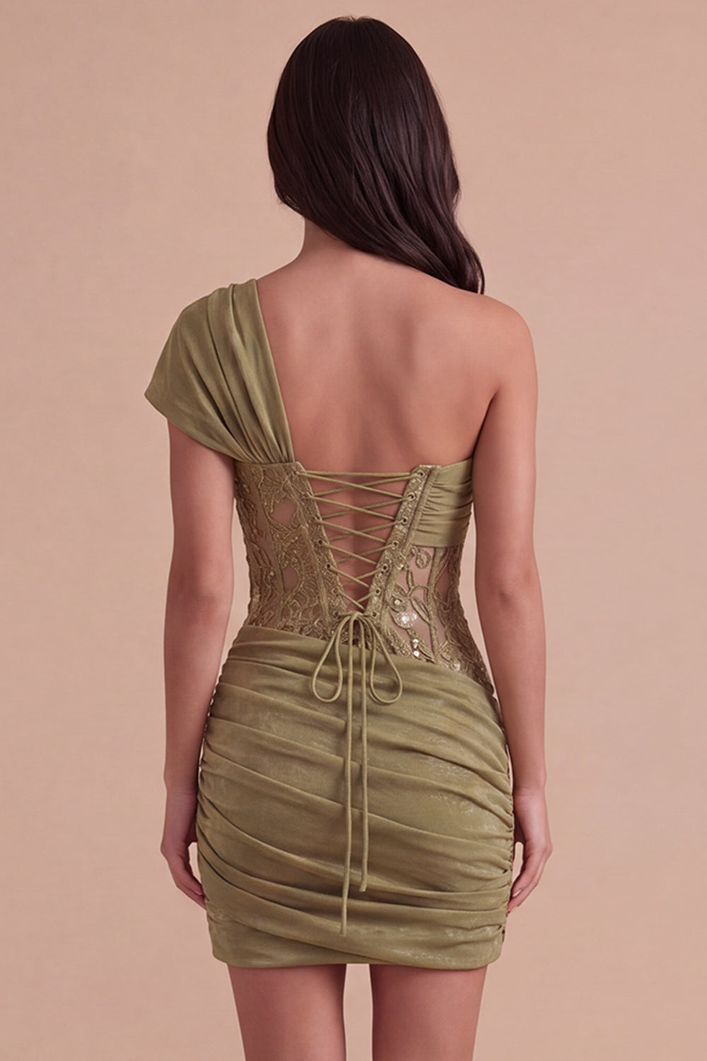Olive Corset One Shoulder Ruched Short Homecoming Dress