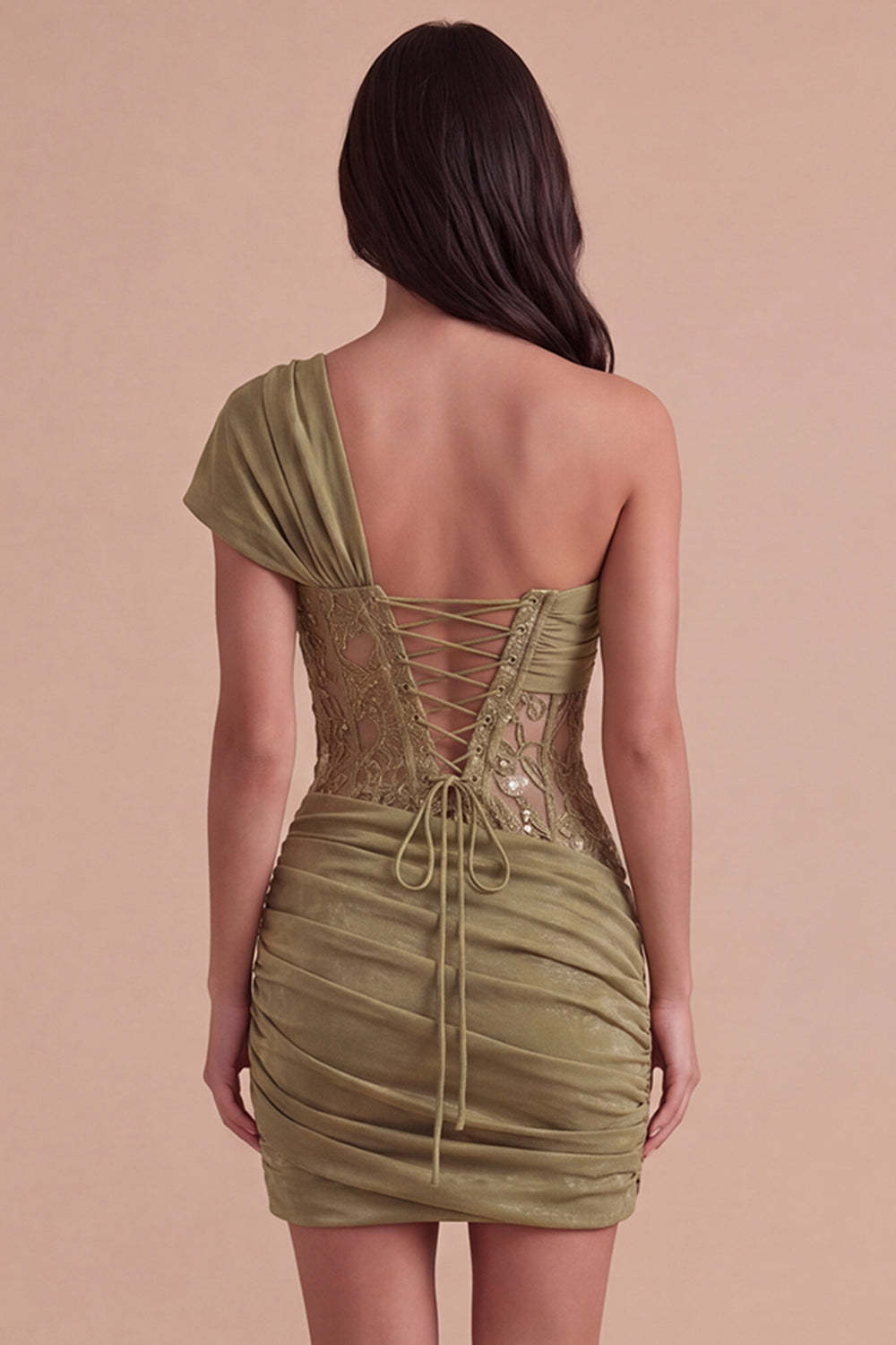 Olive Corset One Shoulder Ruched Short Homecoming Dress