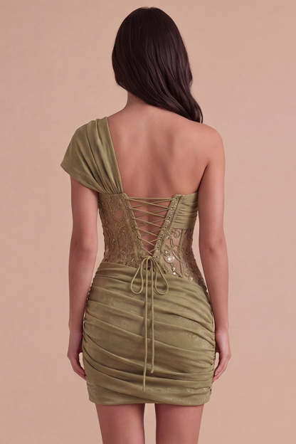 Olive Corset One Shoulder Ruched Short Homecoming Dress