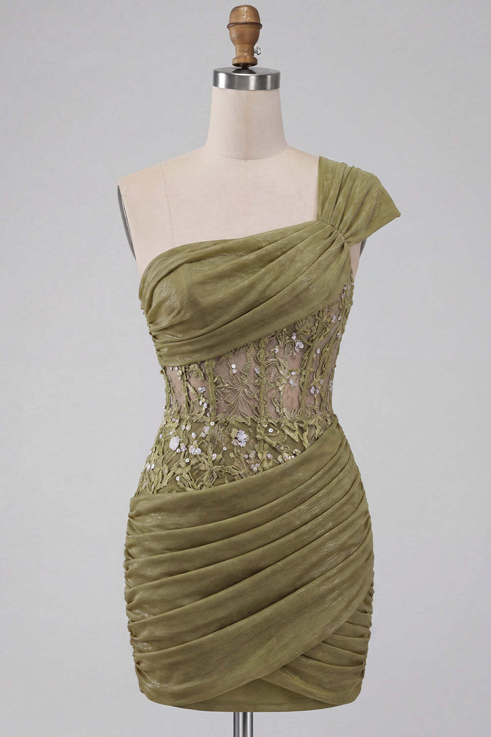 Olive Corset One Shoulder Ruched Short Homecoming Dress