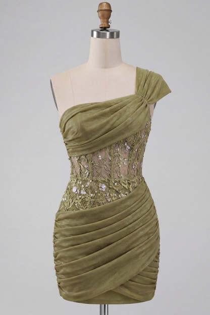 Olive Corset One Shoulder Ruched Short Homecoming Dress