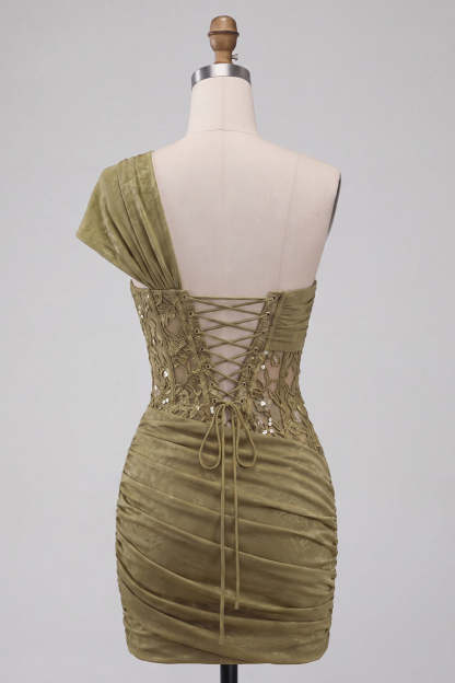 Olive Corset One Shoulder Ruched Short Homecoming Dress