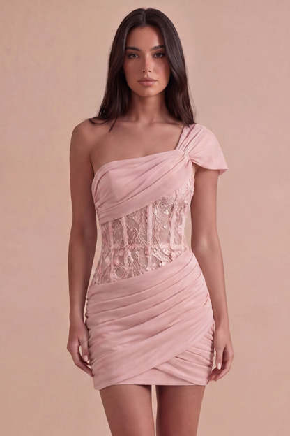 Olive Corset One Shoulder Ruched Short Homecoming Dress