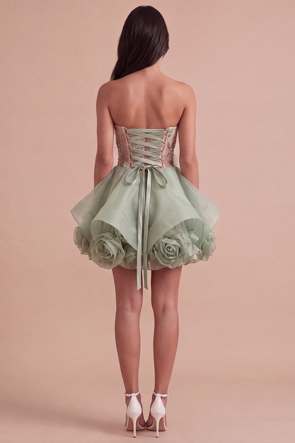 Sparkly Sequins Corset Beaded Floral Dusty Sage Strapless Short Homecoming Dress
