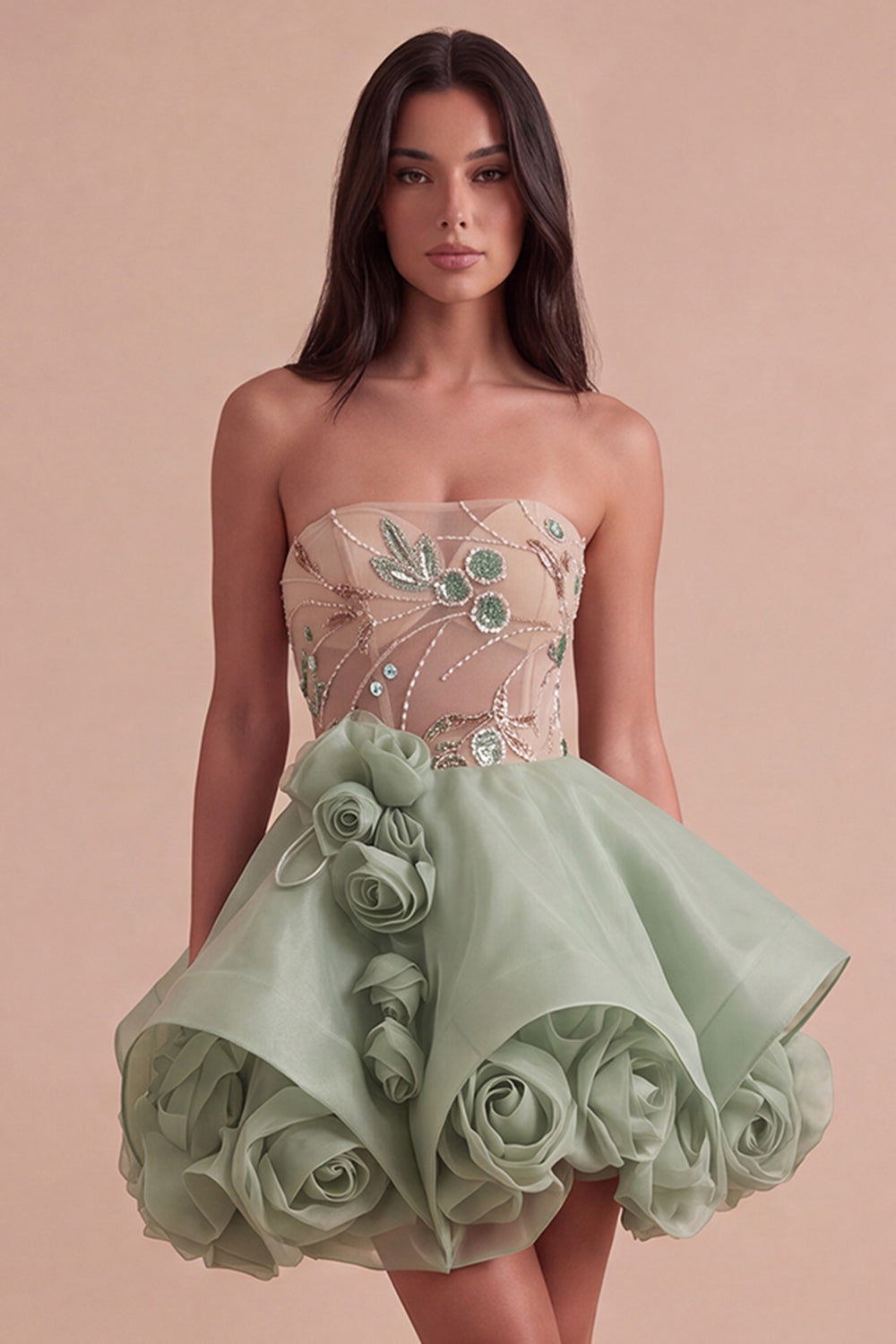 Sparkly Sequins Corset Beaded Floral Dusty Sage Strapless Short Homecoming Dress