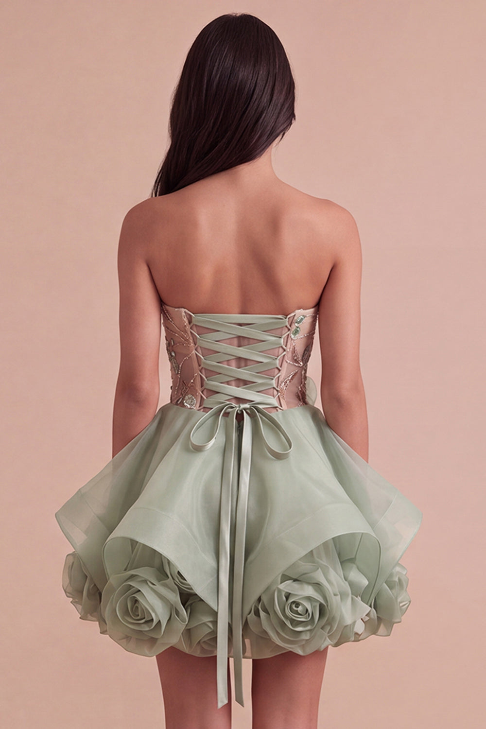 Sparkly Sequins Corset Beaded Floral Dusty Sage Strapless Short Homecoming Dress