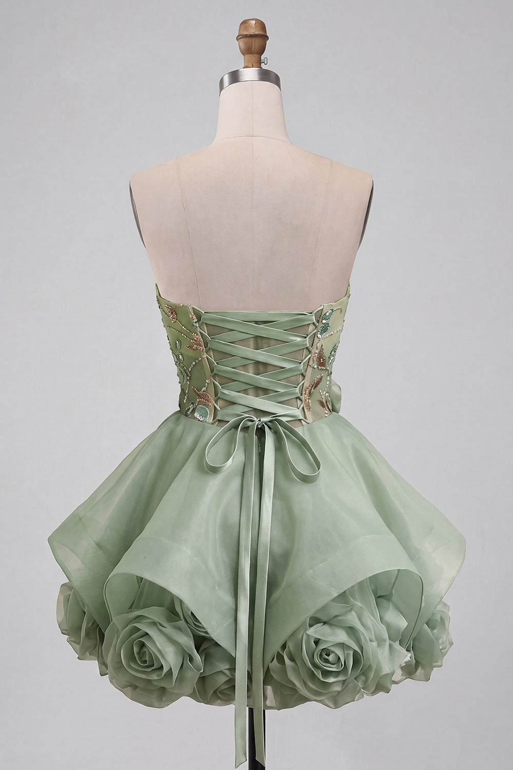 Sparkly Sequins Corset Beaded Floral Dusty Sage Strapless Short Homecoming Dress