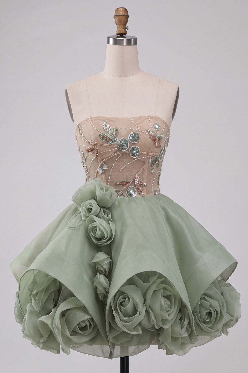Sparkly Sequins Corset Beaded Floral Dusty Sage Strapless Short Homecoming Dress