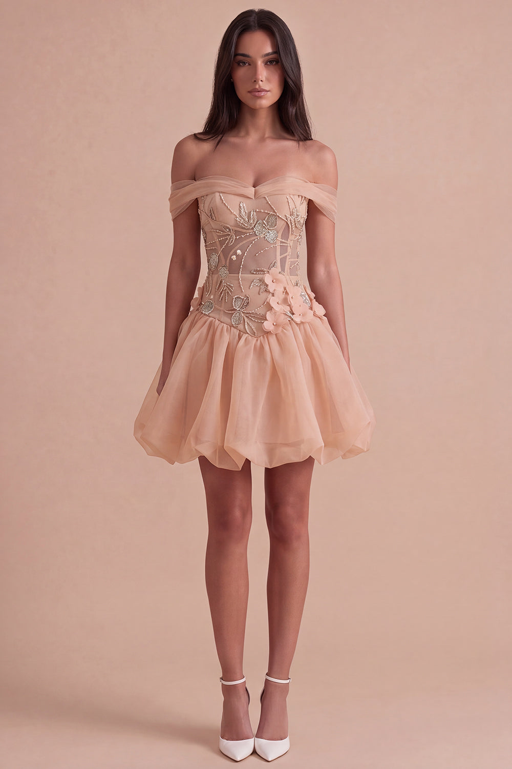 Light Pink Sparkly Beaded Floral Off the Shoulder Bubble Short Homecoming Dress