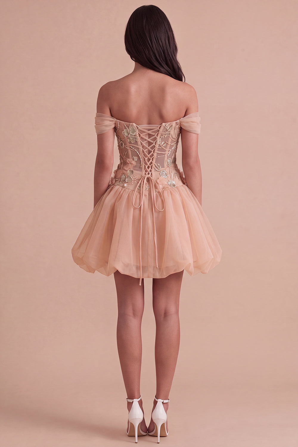 Light Pink Sparkly Beaded Floral Off the Shoulder Bubble Short Homecoming Dress