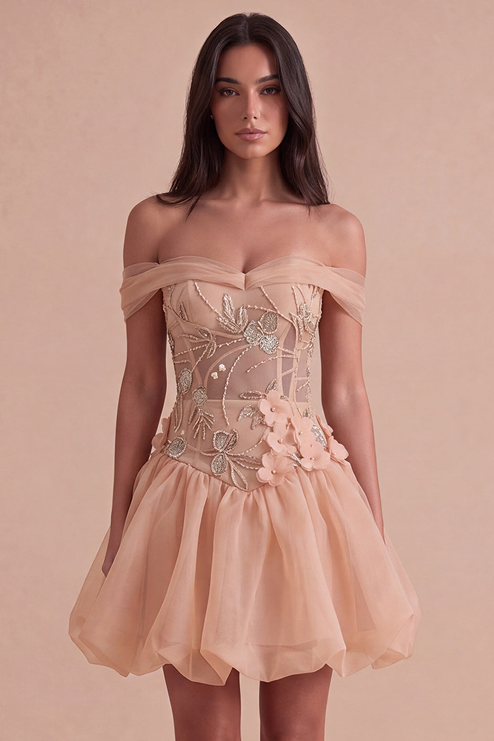 Leely Women Sparkly Beaded Light Pink Floral Short Bubble Homecoming Dress A-Line Off the Shoulder Lace Up Cocktail Dress