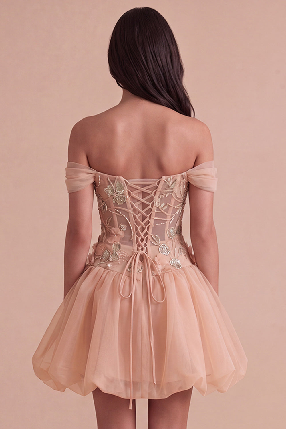 Light Pink Sparkly Beaded Floral Off the Shoulder Bubble Short Homecoming Dress