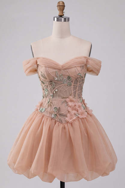 Light Pink Sparkly Beaded Floral Off the Shoulder Bubble Short Homecoming Dress