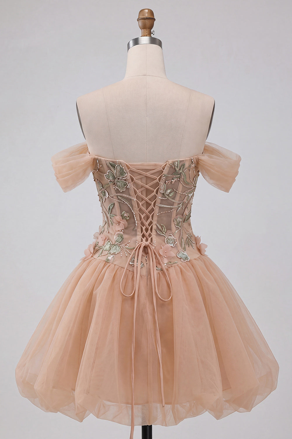 Light Pink Sparkly Beaded Floral Off the Shoulder Bubble Short Homecoming Dress