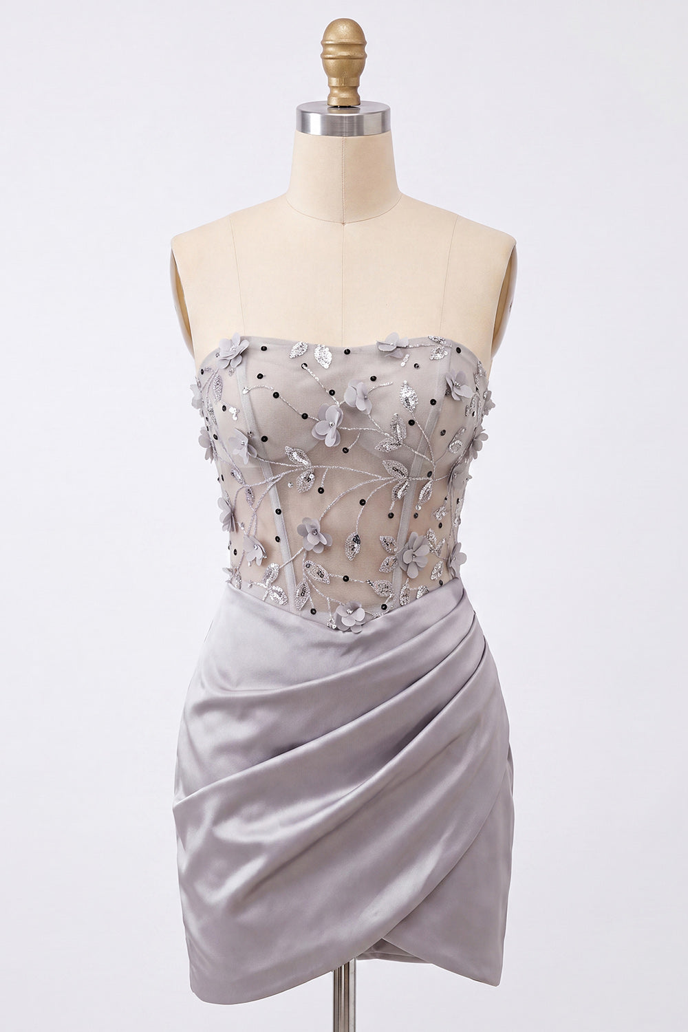 Light Grey Floral Sparkly Corset Sequins Strapless Ruched Short Homecoming Dress