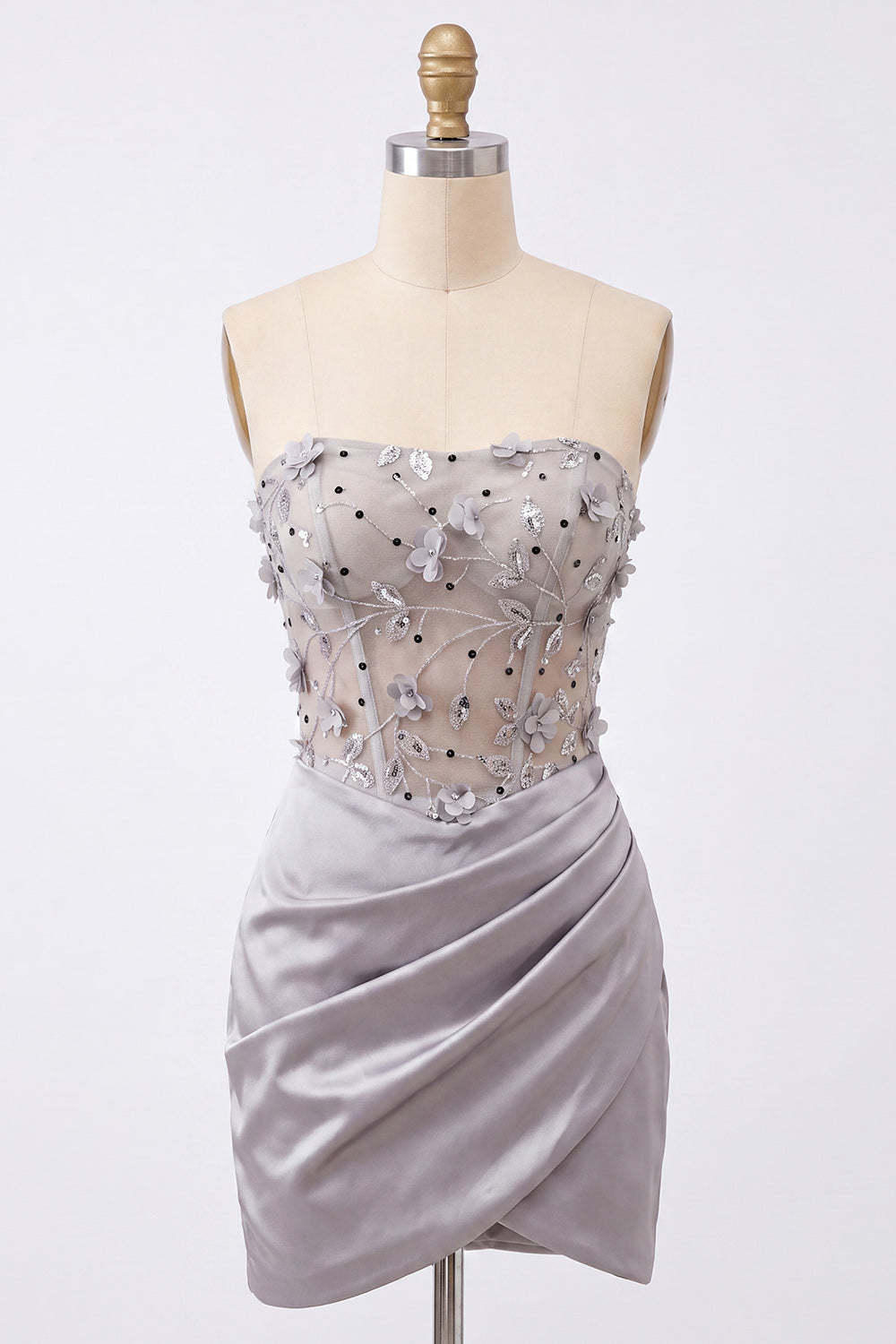 Light Grey Floral Sparkly Corset Sequins Strapless Ruched Short Homecoming Dress