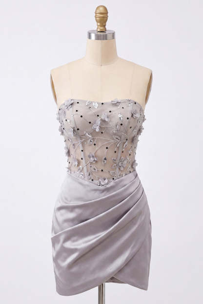 Light Grey Floral Sparkly Corset Sequins Strapless Ruched Short Homecoming Dress