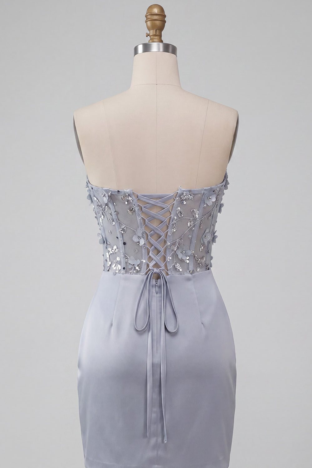 Light Grey Floral Sparkly Corset Sequins Strapless Ruched Short Homecoming Dress