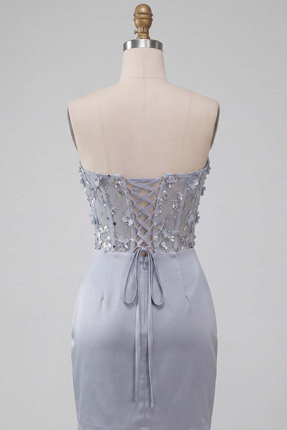 Light Grey Floral Sparkly Corset Sequins Strapless Ruched Short Homecoming Dress