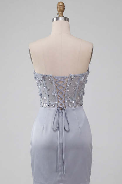 Light Grey Floral Sparkly Corset Sequins Strapless Ruched Short Homecoming Dress